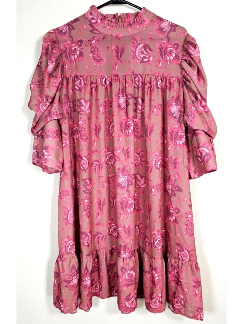 BooHoo Pink Floral Dress Size 12 with Poof Sleeves and Ruffled Hem New / Tag